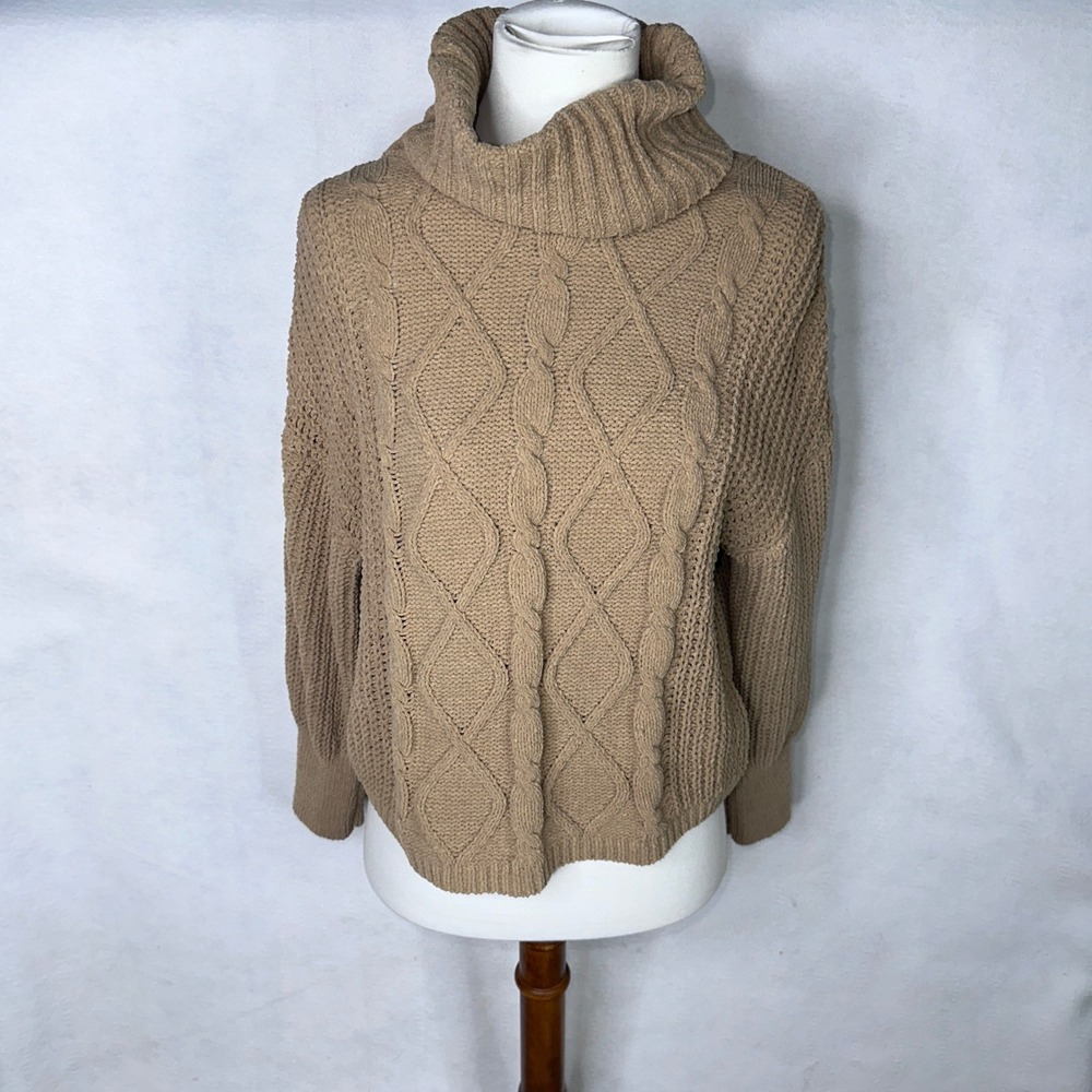 Hazel Moon Tan Womens‎ Cable Knit Chunky Turtleneck Sweater XS Cozy Winter